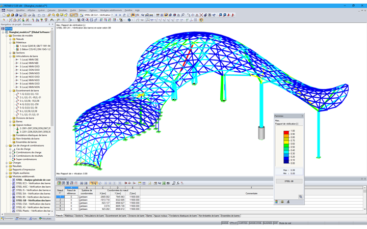 Modèle en 3D de la structure en acier avec affichage des résultats de la vérification selon la norme GB 50017-2003 dans RSTAB (© Novum Structures LLC)