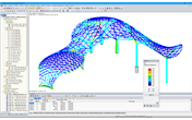 Modèle en 3D de la structure en acier avec affichage des résultats de la vérification selon la norme GB 50017-2003 dans RSTAB (© Novum Structures LLC)