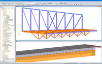 Modèles en 3D dans RFEM : « Treillis sous-tendus » avec treillis en acier perpendiculaires (en haut) et treillis à section mixte bois-béton avec connecteurs en acier (en bas) (© Equilibrium Consulting Inc.)