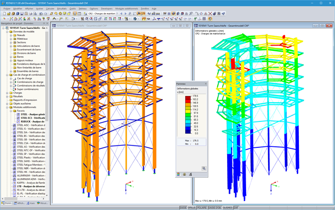 Modèle 3D et déformation de la tour d’observation dans RSTAB (© WIEHAG GmbH)