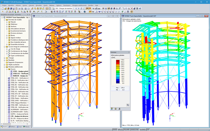 Modèle 3D et déformation de la tour d’observation dans RSTAB (© WIEHAG GmbH)