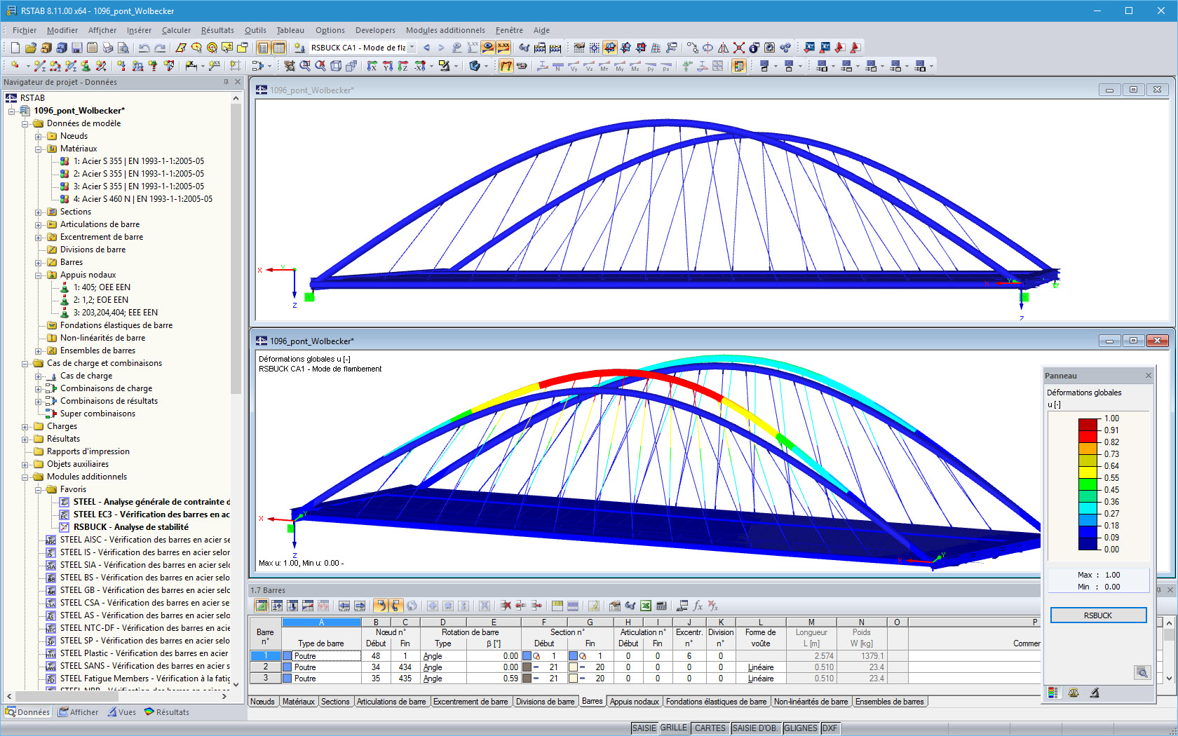 Vue latérale (en haut) et premier mode de flambement du pont Wolbecker dans RSTAB (© grbv)