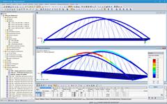 Vue latérale (en haut) et premier mode de flambement du pont Wolbecker dans RSTAB (© grbv)