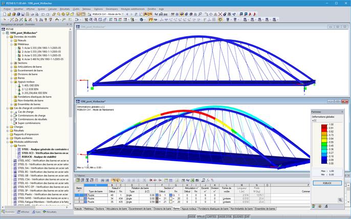 Vue latérale (en haut) et premier mode de flambement du pont Wolbecker dans RSTAB (© grbv)