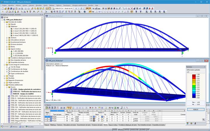 Vue latérale (en haut) et premier mode de flambement du pont Wolbecker dans RSTAB (© grbv)
