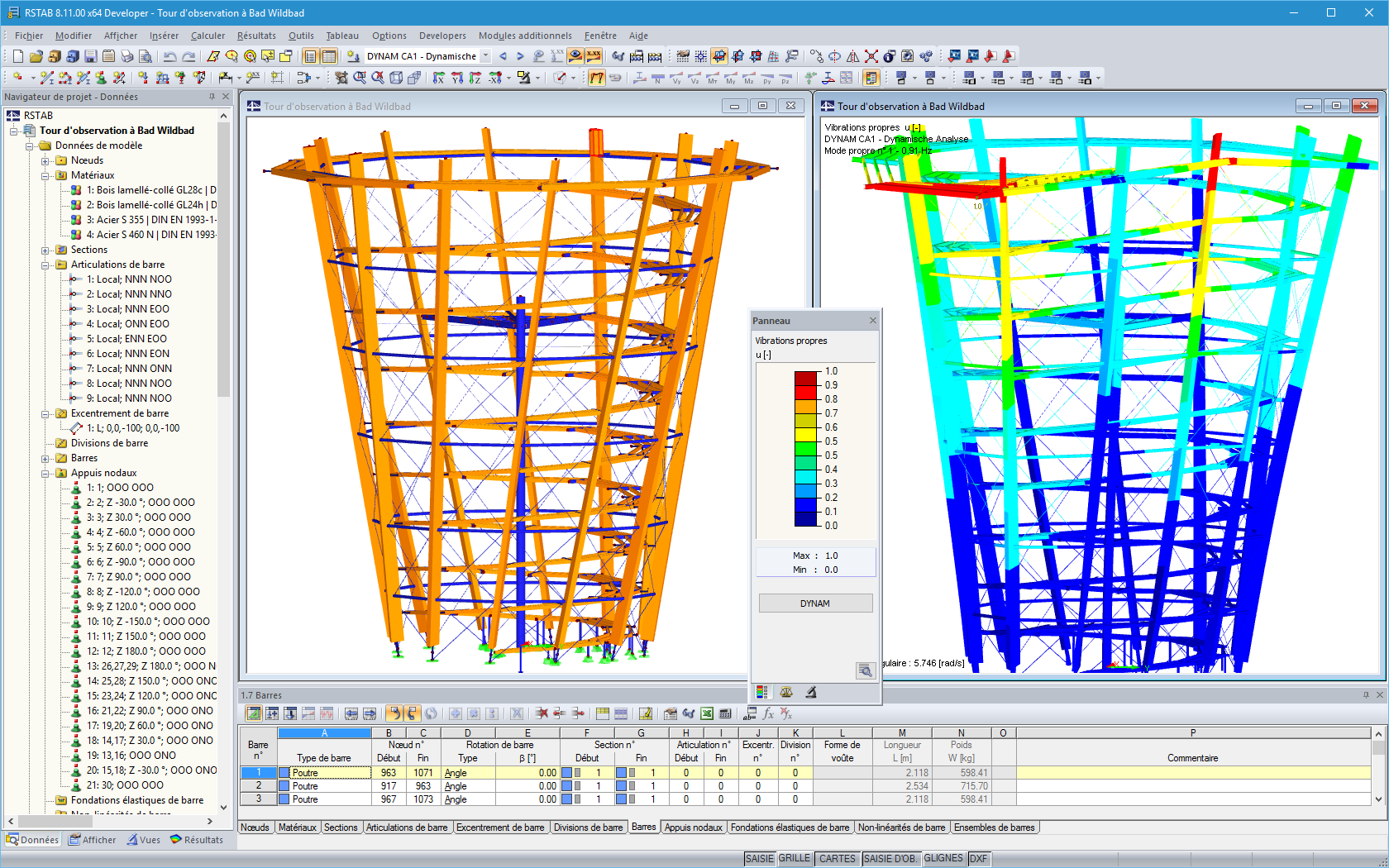 Modèle 3D et première forme de mode de la tour d'observation dans RSTAB (© WIEHAG GmbH)