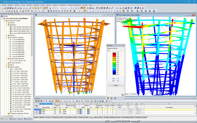 Modèle 3D et première forme de mode de la tour d'observation dans RSTAB (© WIEHAG GmbH)