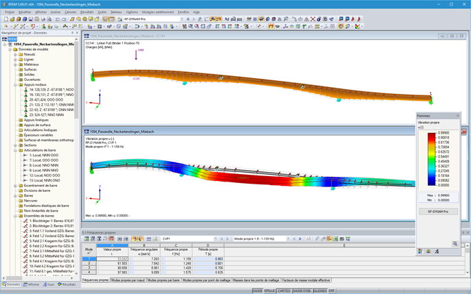 Modèle et premier mode propre de la passerelle piétons-cyclistes dans RFEM (© IB Miebach)