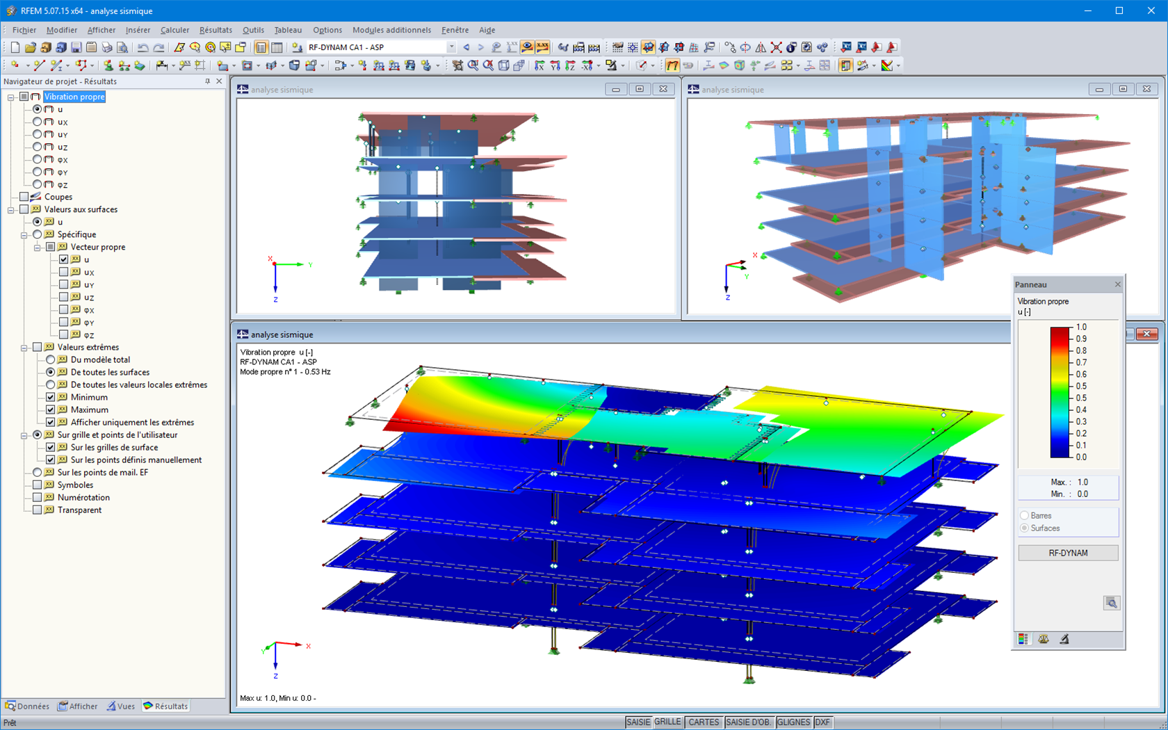 Modèle 3D et mode propre du bâtiment BEPAS de cinq étages dans RFEM (© Pirmin Jung)