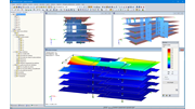 Modèle 3D et mode propre du bâtiment BEPAS de cinq étages dans RFEM (© Pirmin Jung)