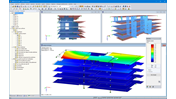 Modèle 3D et mode propre du bâtiment BEPAS de cinq étages dans RFEM (© Pirmin Jung)