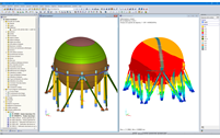 Analytisches 3D-Modell in RFEM (links) und in RF-DYNAM Pro berechnete Eigenform (rechts)
