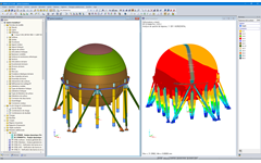 Analytisches 3D-Modell in RFEM (links) und in RF-DYNAM Pro berechnete Eigenform (rechts)
