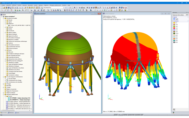 Analytisches 3D-Modell in RFEM (links) und in RF-DYNAM Pro berechnete Eigenform (rechts)