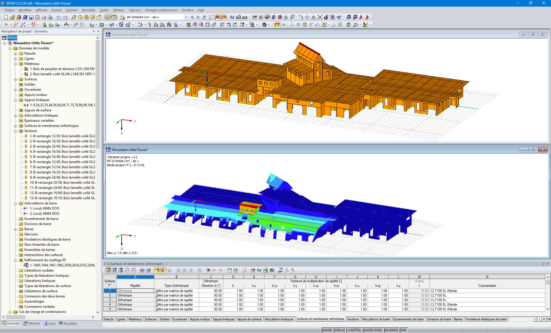 3D-Modell (oben) und in RF-DYNAM berechnete Eigenform (unten) der Holztragkonstruktion in RFEM (© Dr. Ing. Berger, Dr. Ing. Gadner Meran)