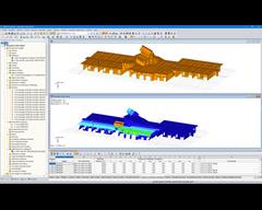 3D-Modell (oben) und in RF-DYNAM berechnete Eigenform (unten) der Holztragkonstruktion in RFEM (© Dr. Ing. Berger, Dr. Ing. Gadner Meran)
