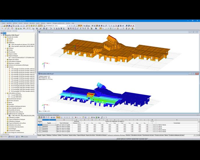 3D-Modell (oben) und in RF-DYNAM berechnete Eigenform (unten) der Holztragkonstruktion in RFEM (© Dr. Ing. Berger, Dr. Ing. Gadner Meran)