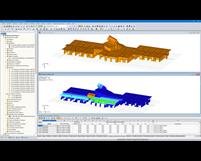 3D-Modell (oben) und in RF-DYNAM berechnete Eigenform (unten) der Holztragkonstruktion in RFEM (© Dr. Ing. Berger, Dr. Ing. Gadner Meran)