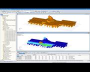 3D-Modell (oben) und in RF-DYNAM berechnete Eigenform (unten) der Holztragkonstruktion in RFEM (© Dr. Ing. Berger, Dr. Ing. Gadner Meran)