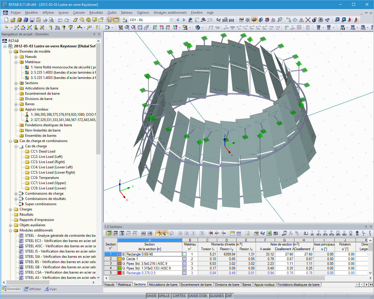 Modèle 3D de la structure porteuse d’un lustre dans RSTAB (© www.stutzkiengineering.com)