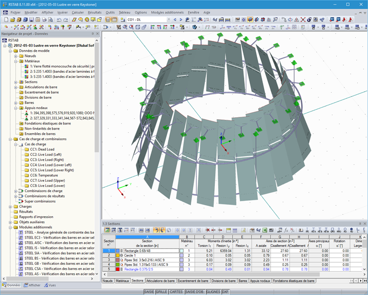 Modèle 3D de la structure porteuse d’un lustre dans RSTAB (© www.stutzkiengineering.com)