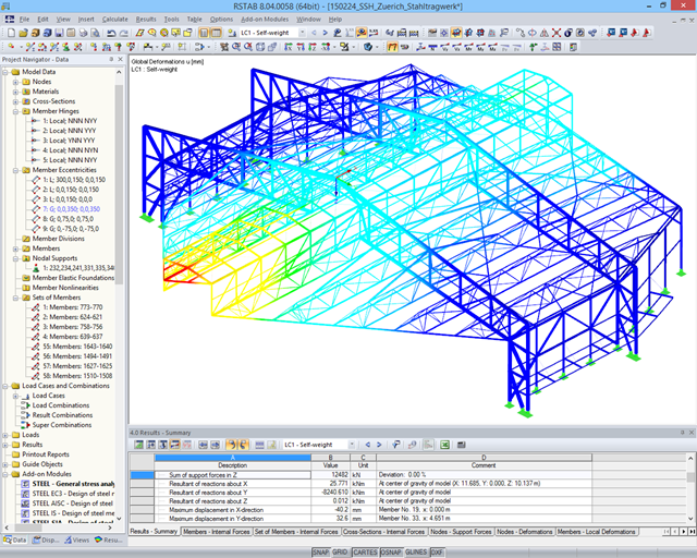 Modèle 3D du hangar de protection contre le bruit avec les déformations visualisées (© WTM Engineers GmbH)