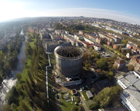 Vue aérienne du Gazomètre de la ville de Pforzheim (© PSB Ingenieurbüro Ehrle Vivas)