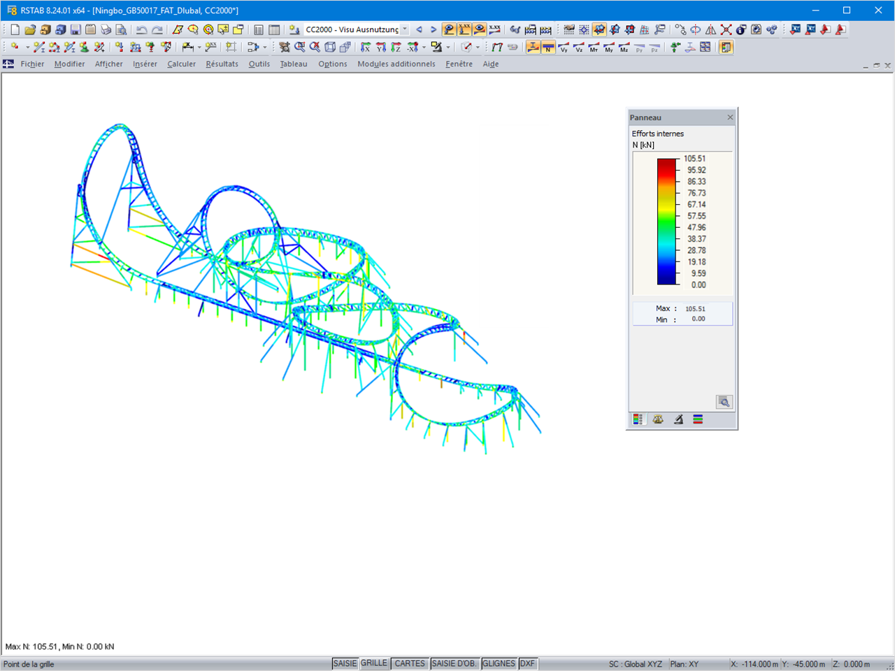 Efforts normaux affichés après la vérification à la fatigue selon GB 50017 (1 kN = 1%) sur le modèle 3D dans RSTAB (© Maurer Söhne)