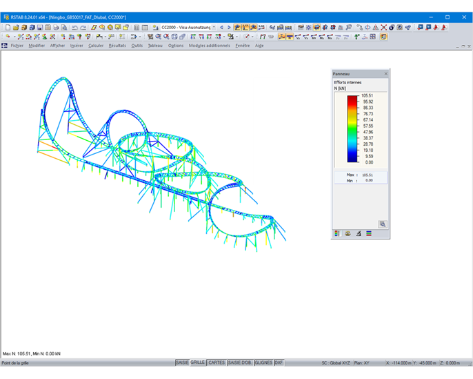 Efforts normaux affichés après la vérification à la fatigue selon GB 50017 (1 kN = 1%) sur le modèle 3D dans RSTAB (© Maurer Söhne)