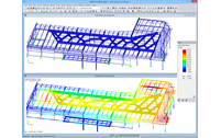 Modell des Food Court-Daches in RFEM mit Verformungsergebnissen (© Helika a.s.)