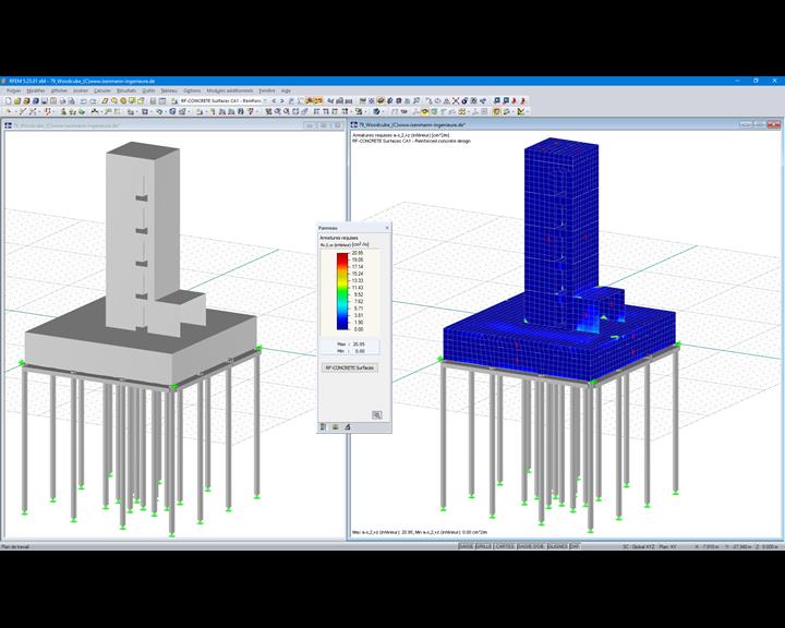 Modèle de la structure en béton armé et résultats (© Isenmann Ingenieure)