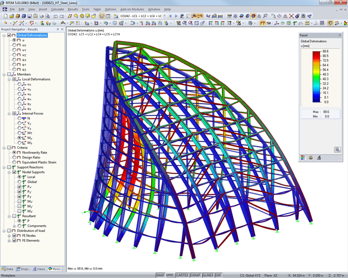 Statisches Modell mit Verformungsbild einer Turmspitze in RFEM (© Werner Sobek Stuttgart)