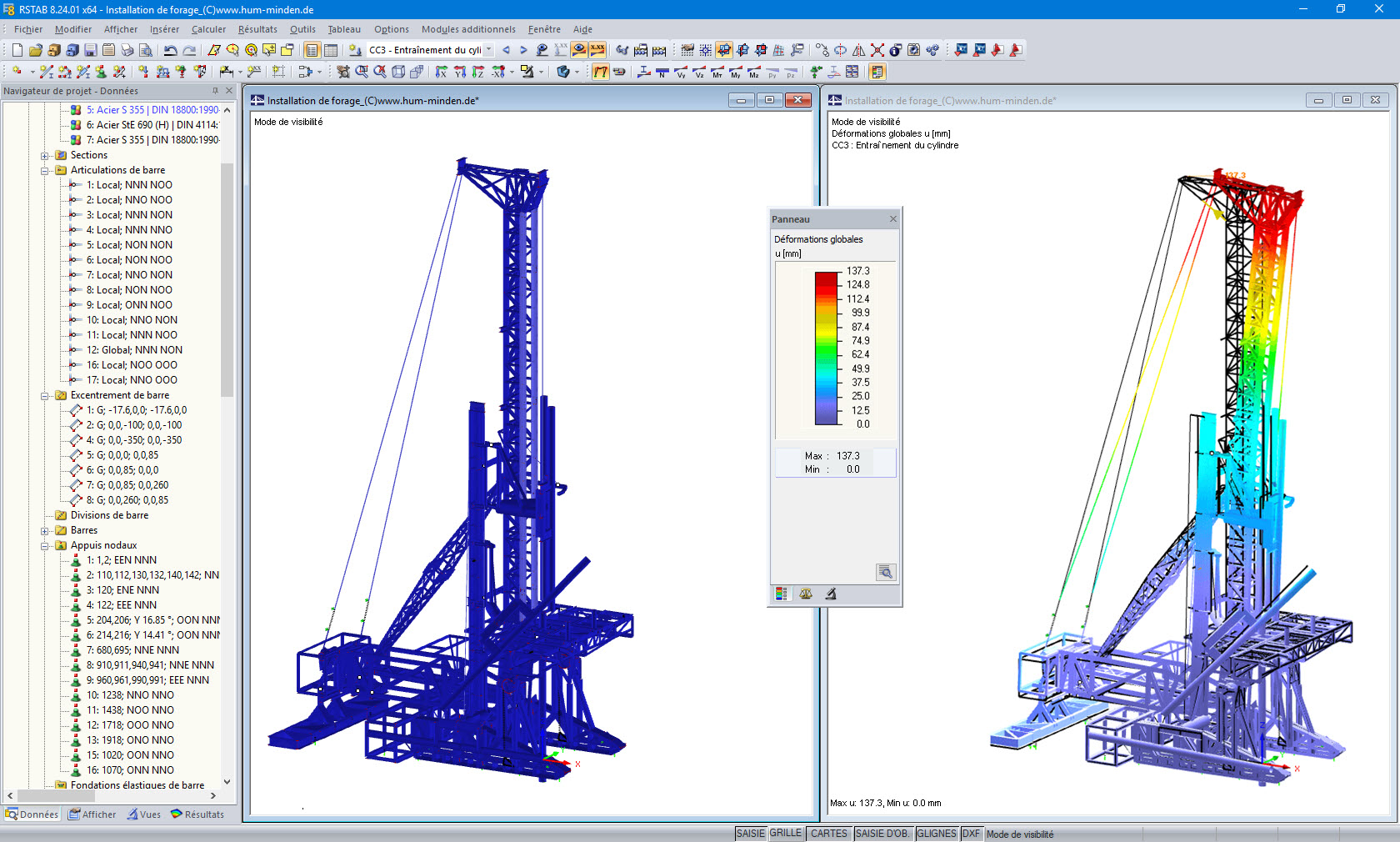 Modèle de l'installation de forage profond avec et sans déformations dans RSTAB (© IB H.-U. Möller)