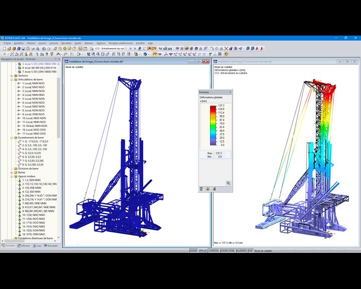 Modèle de l'installation de forage profond avec et sans déformations dans RSTAB (© IB H.-U. Möller)