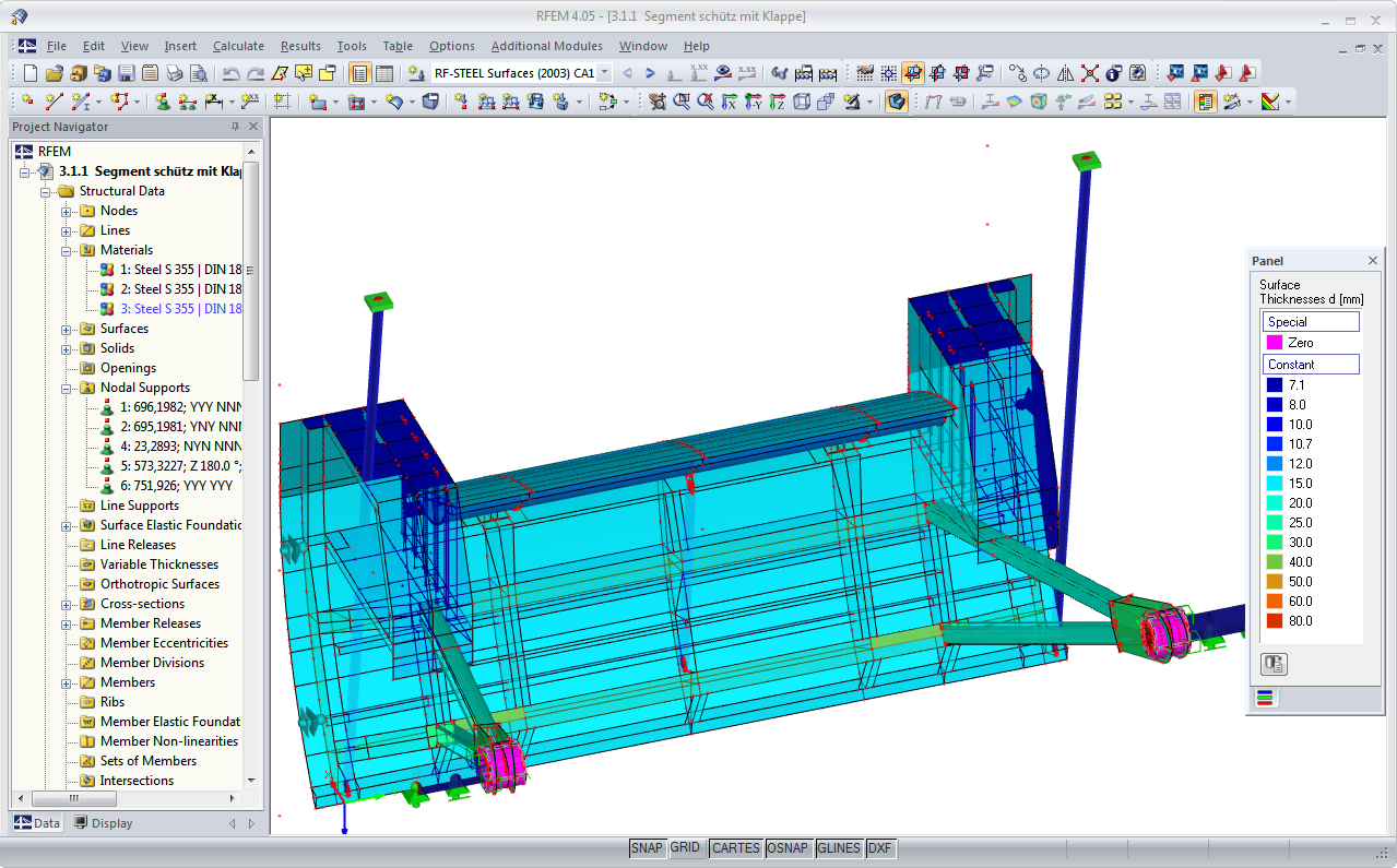 Épaisseur des surfaces du module RF-STEEL Surfaces sur le modèle RFEM (© Ingenieurbüro Jürgen Ehlenz)