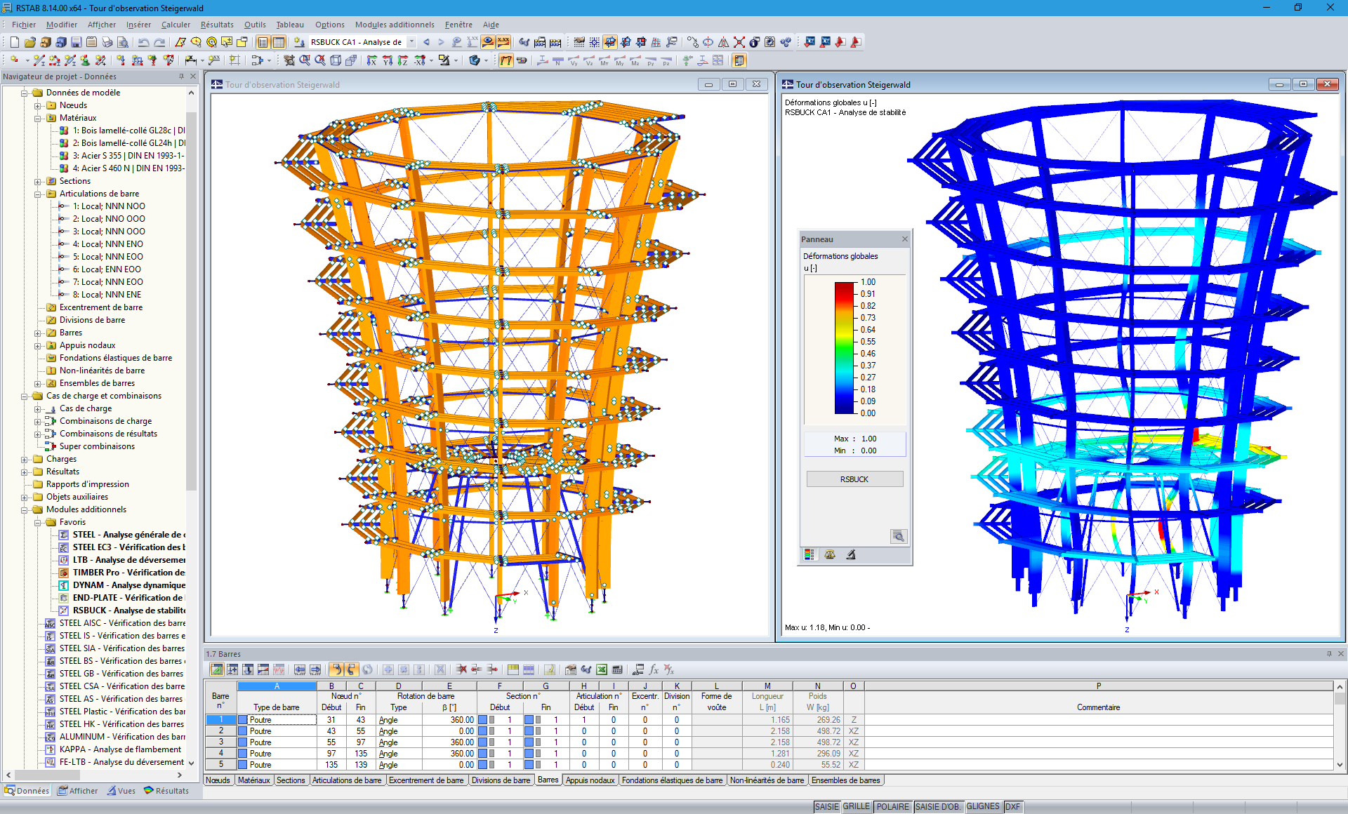 3D-Modell und Knickfigur des Aussichtsturmes in RSTAB (© WIEHAG GmbH)