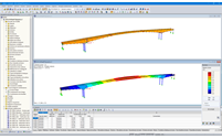 Modèle 3D (haut) et premier mode propre (bas) du pont dans RFEM (© StructureCraft Builders Inc.)