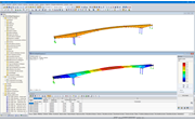 Modèle 3D (haut) et premier mode propre (bas) du pont dans RFEM (© StructureCraft Builders Inc.)