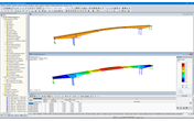 Modèle 3D (haut) et premier mode propre (bas) du pont dans RFEM (© StructureCraft Builders Inc.)