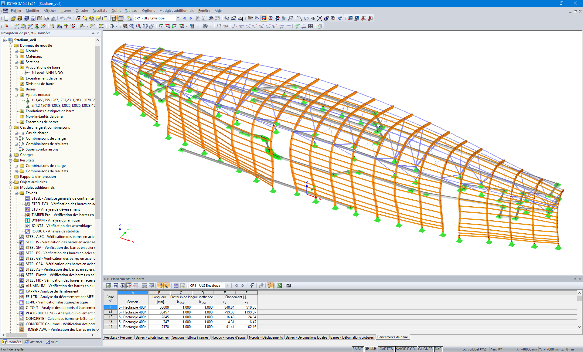 Modèle RSTAB du revêtement en bois du stade TD Place situé à Ottawa, Canada (© Moses Structural Engineers Inc.)