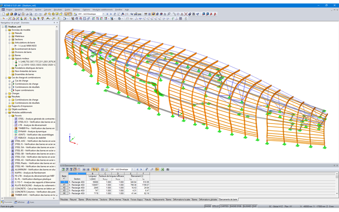 Modèle RSTAB du revêtement en bois du stade TD Place situé à Ottawa, Canada (© Moses Structural Engineers Inc.)