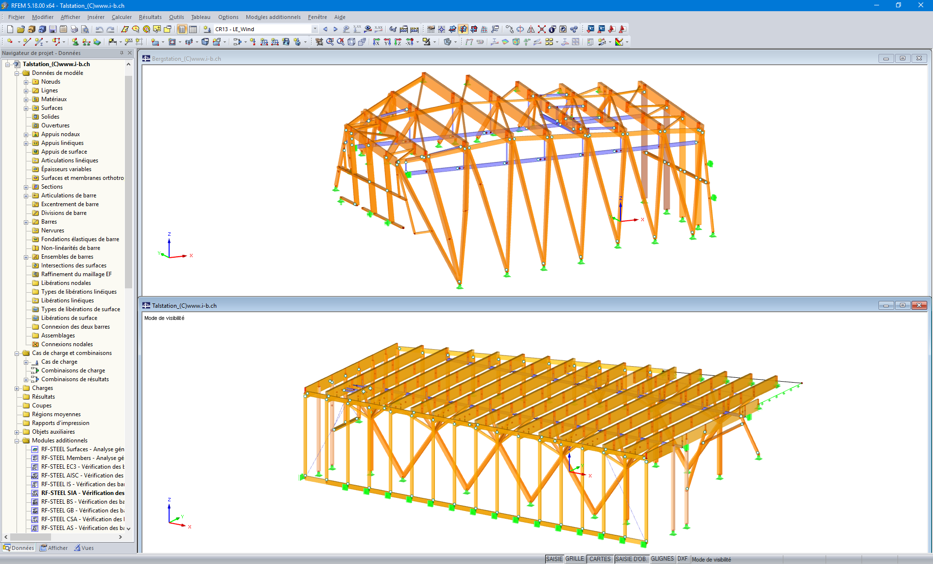 Modèle RFEM de la station amont (en haut) et de la station aval (en bas) (© Indermühle Bauingenieure)