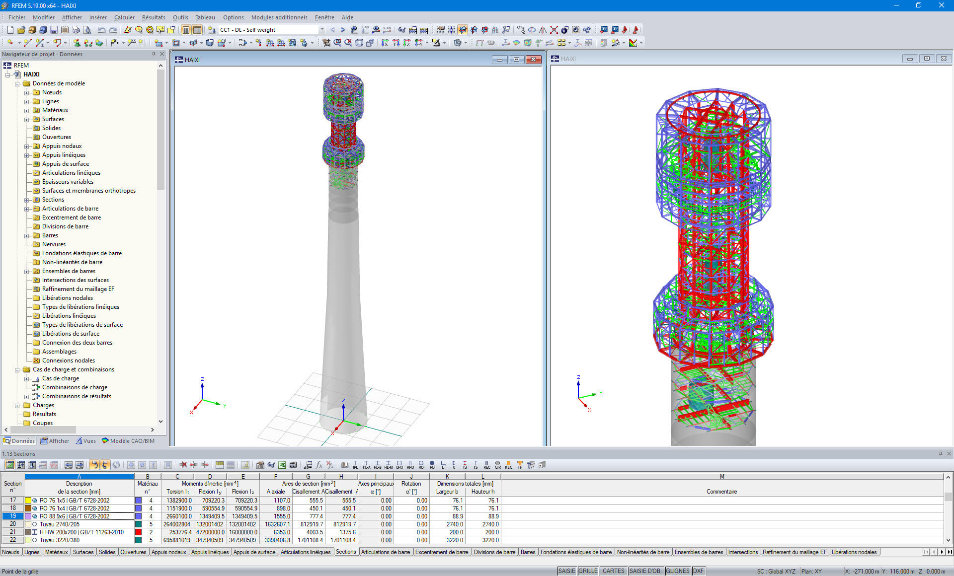 Das Turmmodell im RFEM-Programm (der ganze Turm links, Detail des Stahlteils rechts) (© Allcons s.r.o.)
