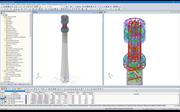 Das Turmmodell im RFEM-Programm (der ganze Turm links, Detail des Stahlteils rechts) (© Allcons s.r.o.)