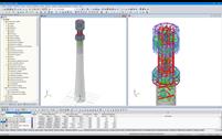 Das Turmmodell im RFEM-Programm (der ganze Turm links, Detail des Stahlteils rechts) (© Allcons s.r.o.)