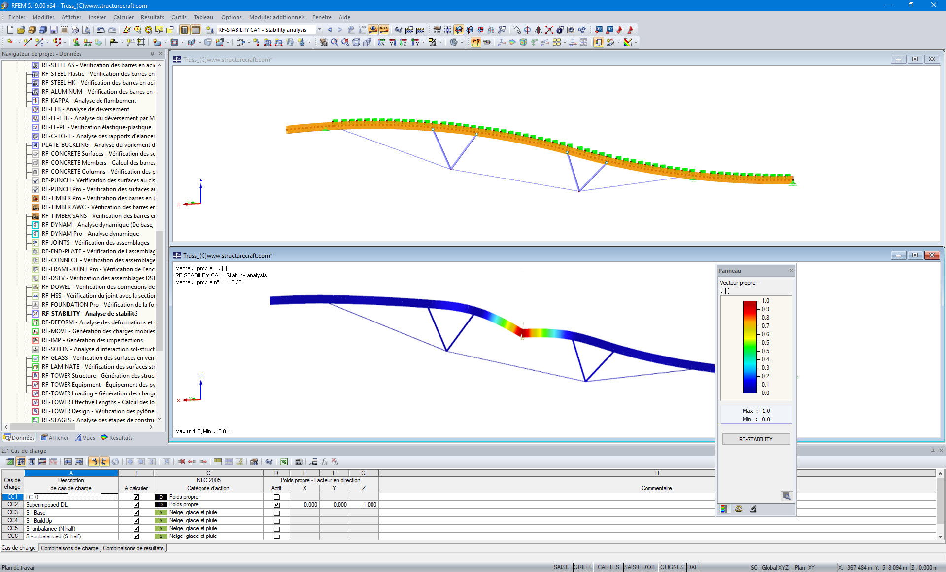 Modèle (haut) et mode propre (bas) d'une ferme de toiture hybride dans RFEM (© StructureCraft Builders Inc.)