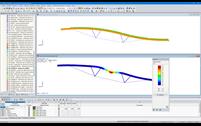 Modèle (haut) et mode propre (bas) d'une ferme de toiture hybride dans RFEM (© StructureCraft Builders Inc.)