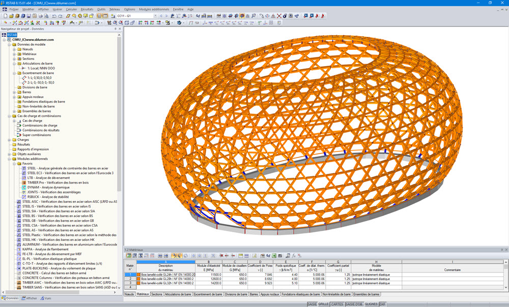 Modèle 3D de l'Auditorium de la CIMU de l'Île Seguin dans RSTAB (© sblumer ZT GmbH)