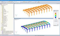 Modèle 3D de la toiture (haut) et résultats de calcul dans RF-TIMBER Pro (bas) dans RFEM (© Rodentia SIA)