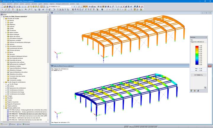 Modèle 3D de la toiture (haut) et résultats de calcul dans RF-TIMBER Pro (bas) dans RFEM (© Rodentia SIA)